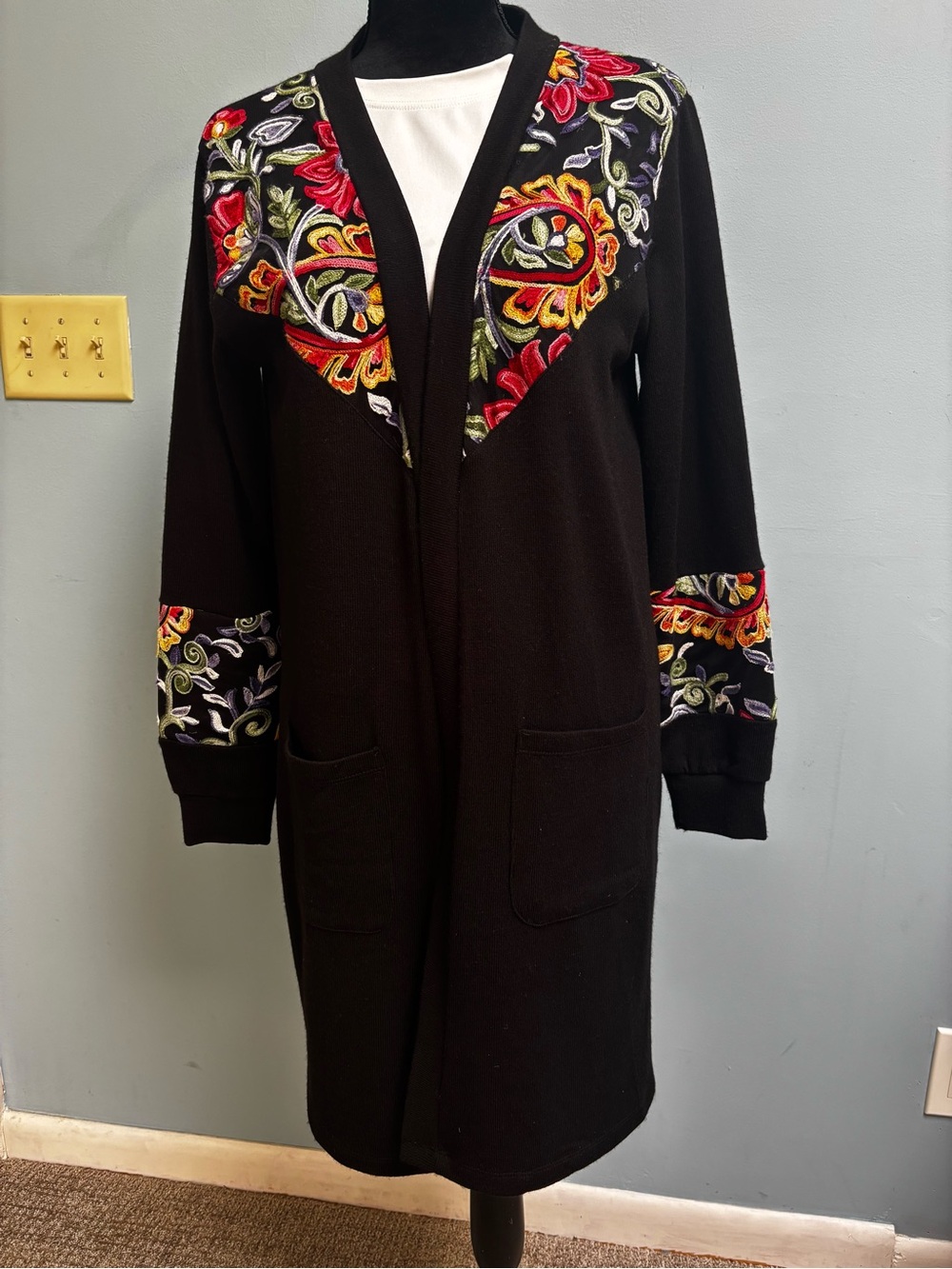 Embroidered Duster Cardigan Sweater with Black Floral Boho Open Front Pockets